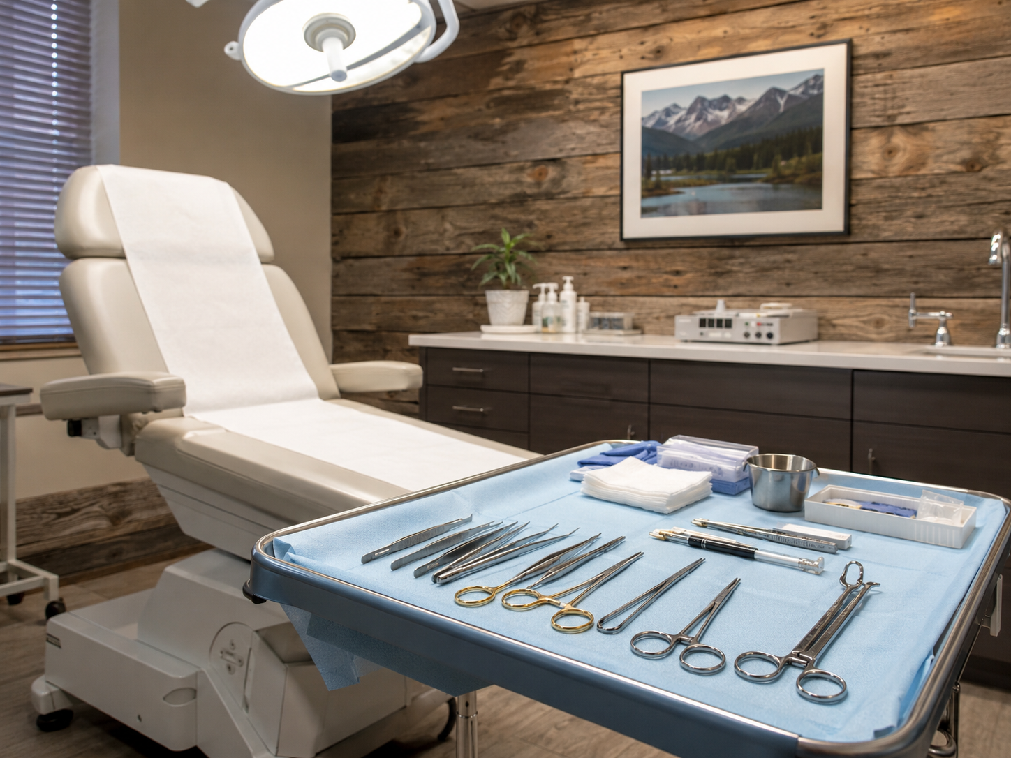 Dermatology exam room prepared for an in-office surgical procedure