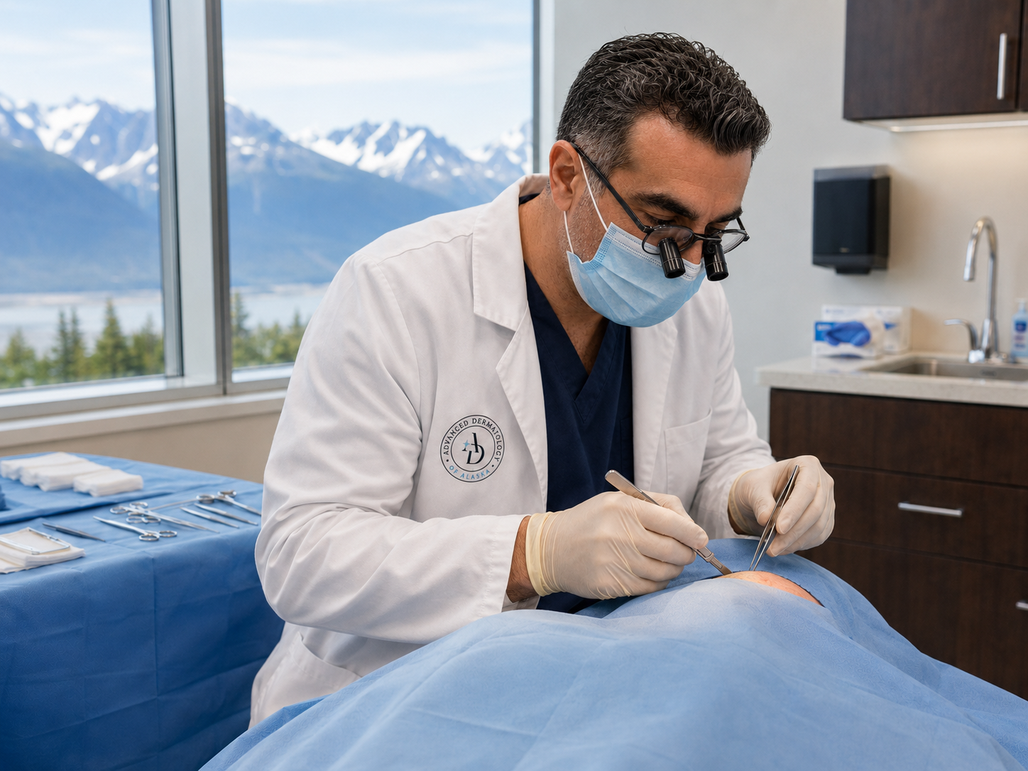 Skin cancer surgery in a dermatology exam room with a Juneau mountain view